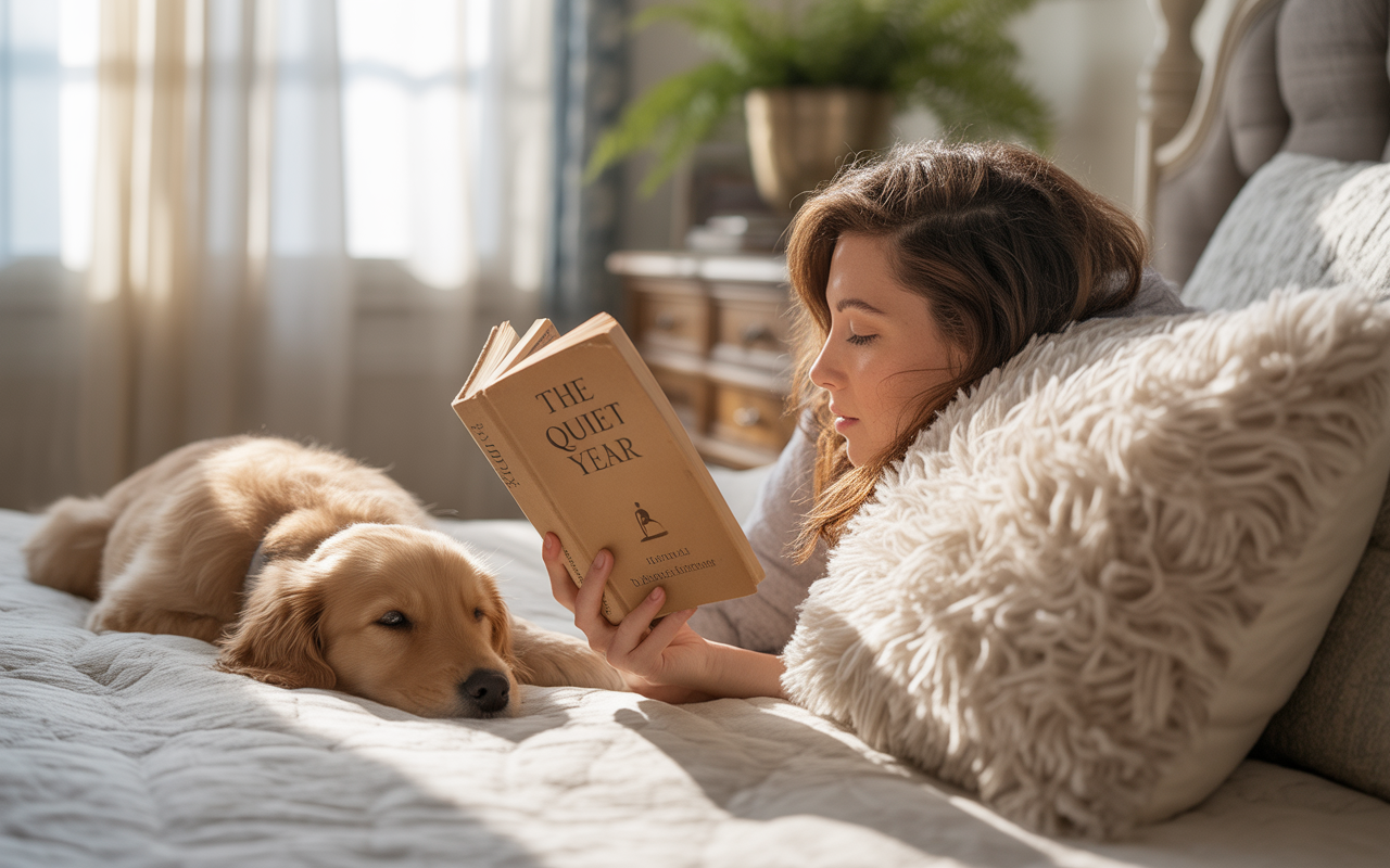 Une femme lit "The Quiet Year" sur son lit, tandis qu'un chien doré se repose à côté d'elle, dans une ambiance chaleureuse.