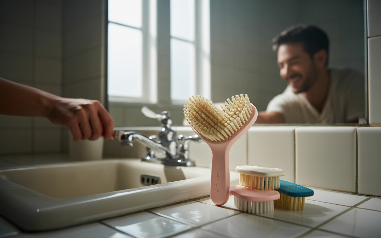 Brosse à cheveux en plastique rose devant l'évier, avec plusieurs autres brosses colorées. Un homme souriant se reflète dans le miroir.