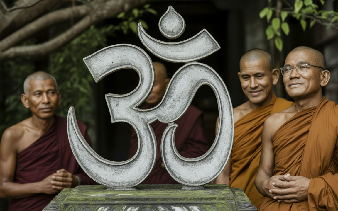 Trois moines en habits traditionnels se tiennent derrière un symbole "Om" en pierre, devant une végétation luxuriante.