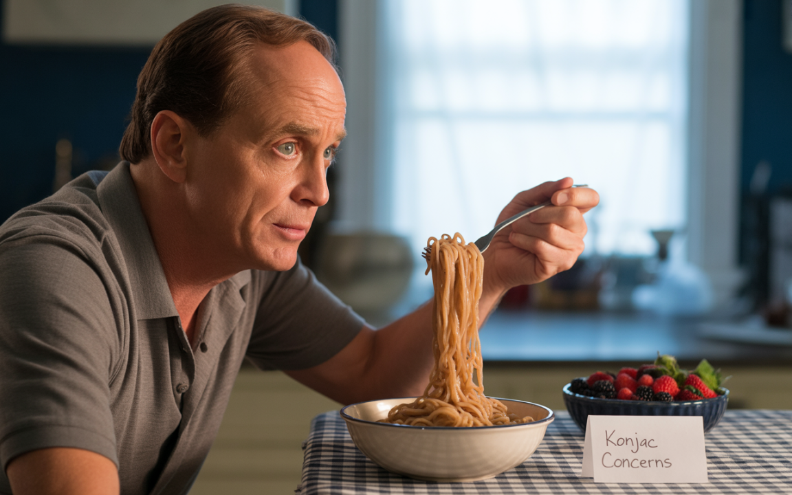Homme regardant des nouilles dans un bol, avec des fruits et une étiquette "Konjac Concerns" sur la table.