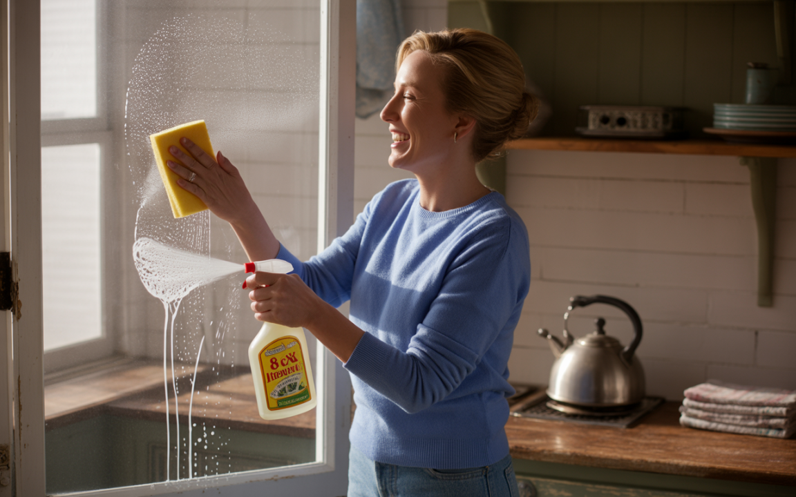 Une femme nettoie une fenêtre avec une éponge et un spray à vitres, souriante, dans une cuisine lumineuse.