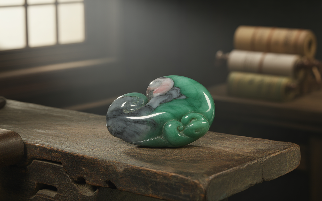 Sculpture en jade vert sur une table en bois, éclairée par un rayon de lumière. Arrière-plan flou avec des rouleaux.