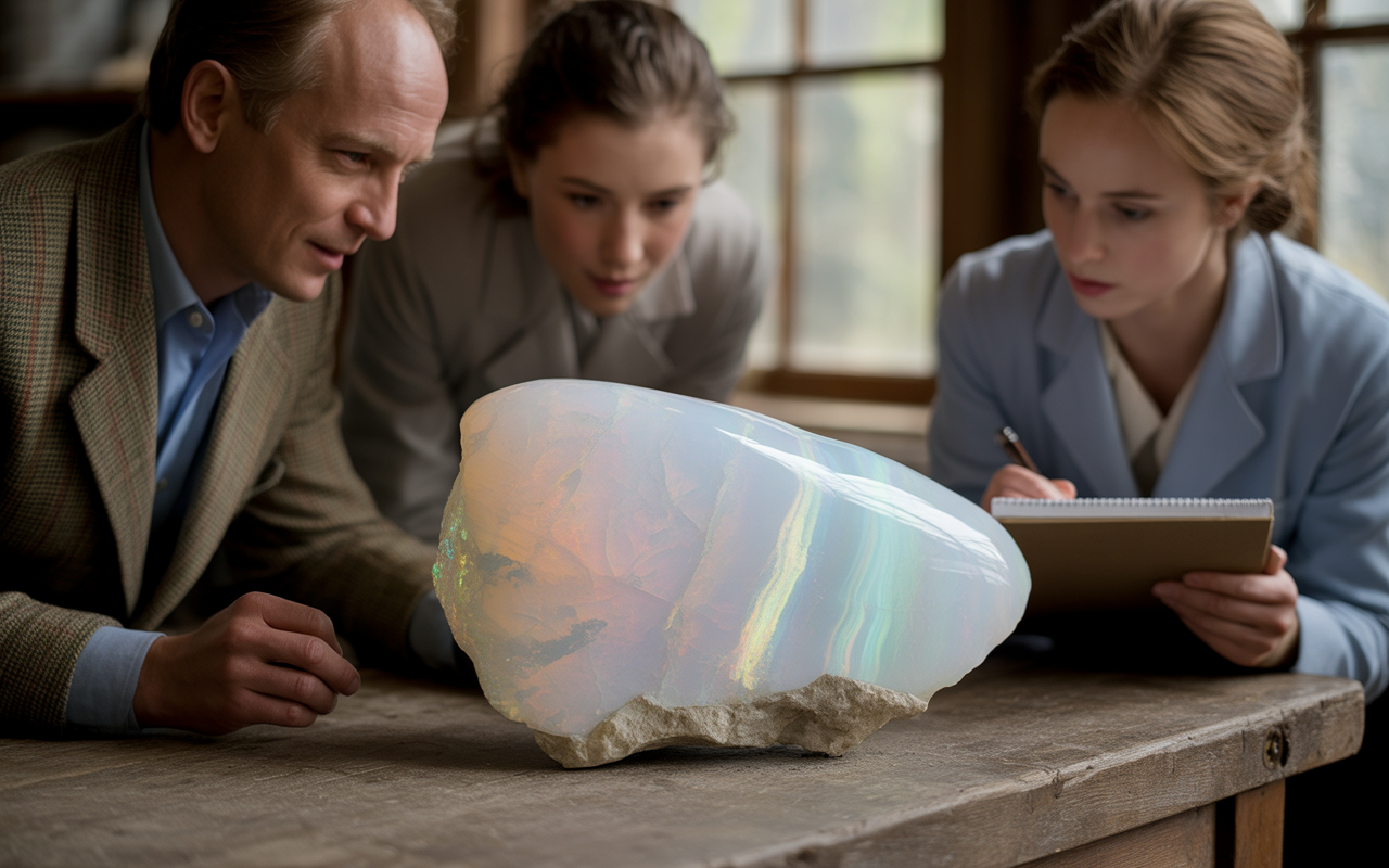 Trois personnes, fascinées, observent un gros opale brillant sur une table en bois, tandis qu'une prend des notes.
