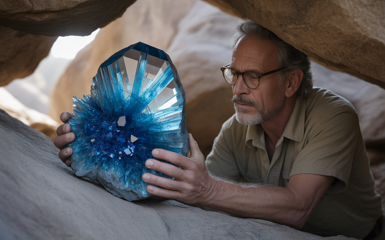 Un homme contemplant un grand cristal bleu brillant, assis entre des rochers, dans un paysage naturel.