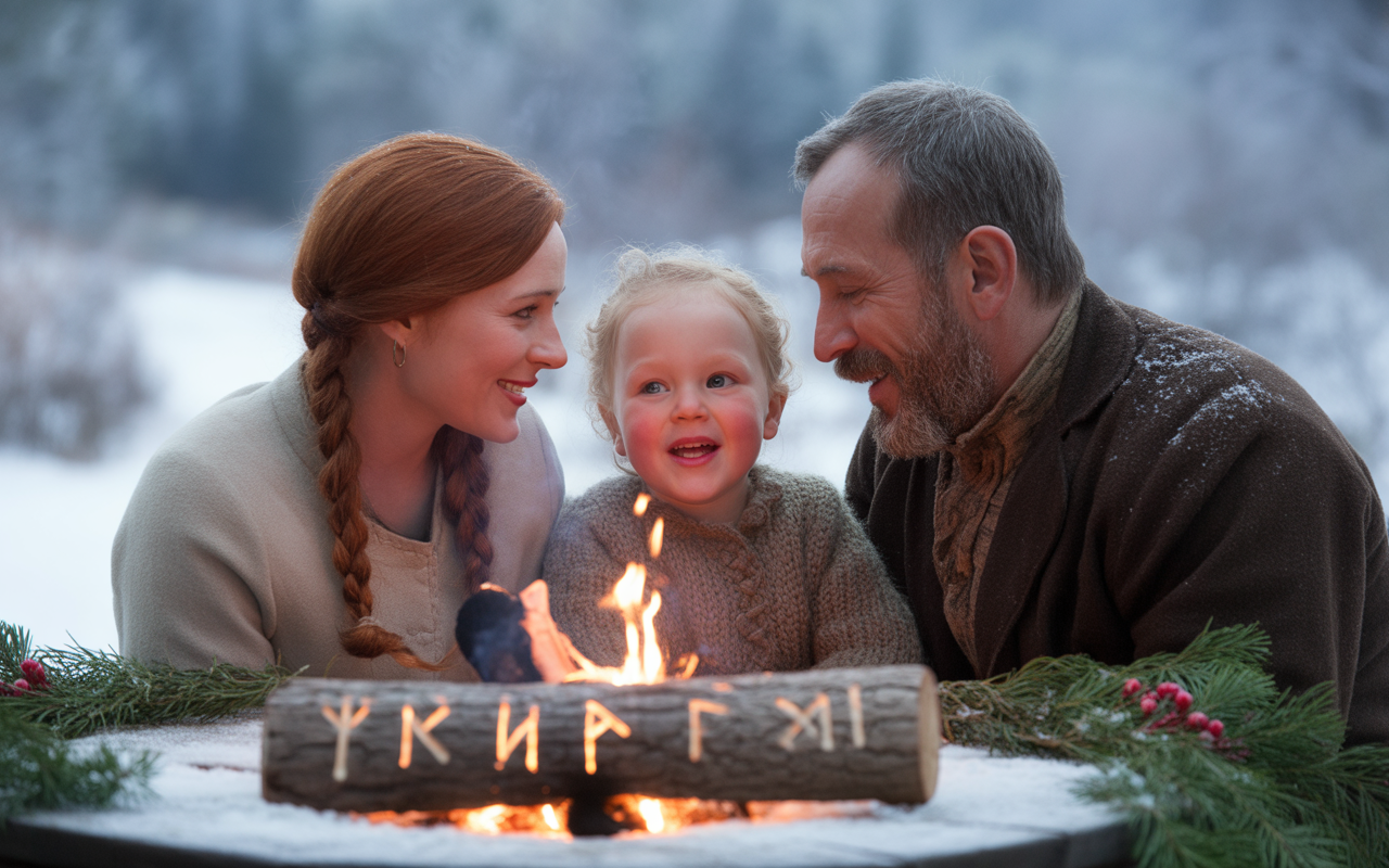 Une famille souriante, autour d'un feu, célébrant l'hiver, avec des vêtements chauds, au milieu d'un paysage enneigé.