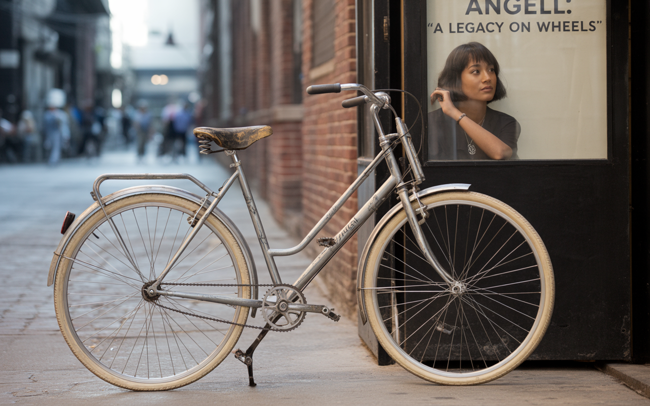 Une femme regarde par une fenêtre alors qu'une bicyclette argentée est garée à proximité dans une ruelle.