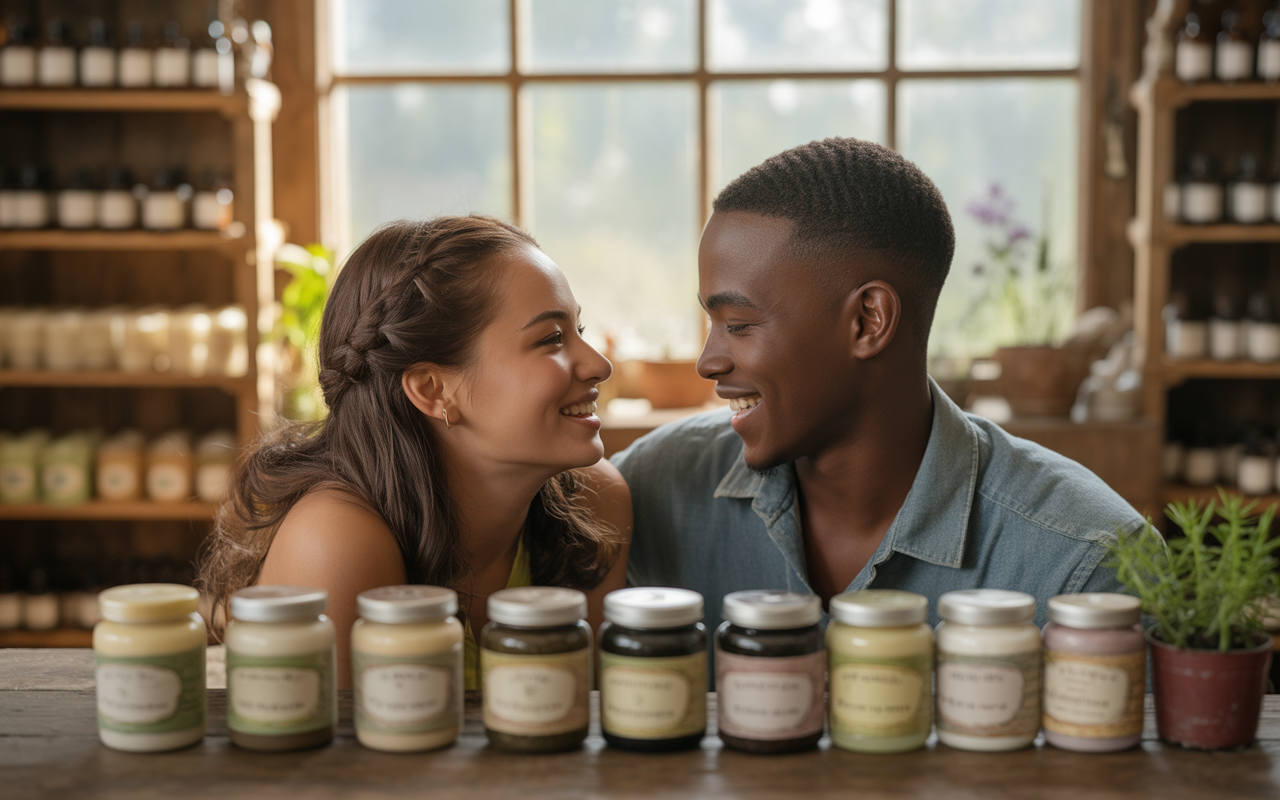 Un homme et une femme sourient l'un à l'autre, entourés de bougies artisanales sur une table en bois dans un magasin lumineux.