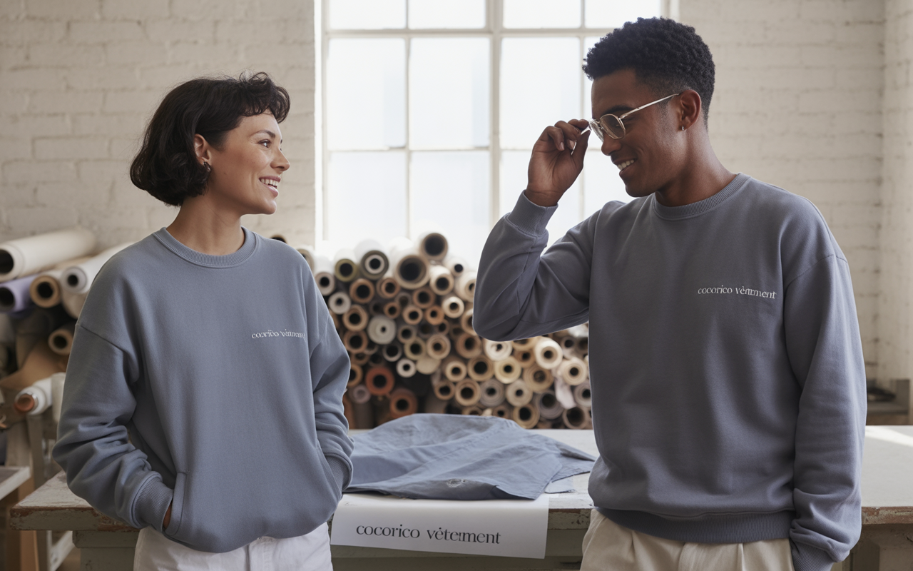 Deux personnes souriantes portent des sweats gris dans un atelier de mode, entourées de rouleaux de tissu.