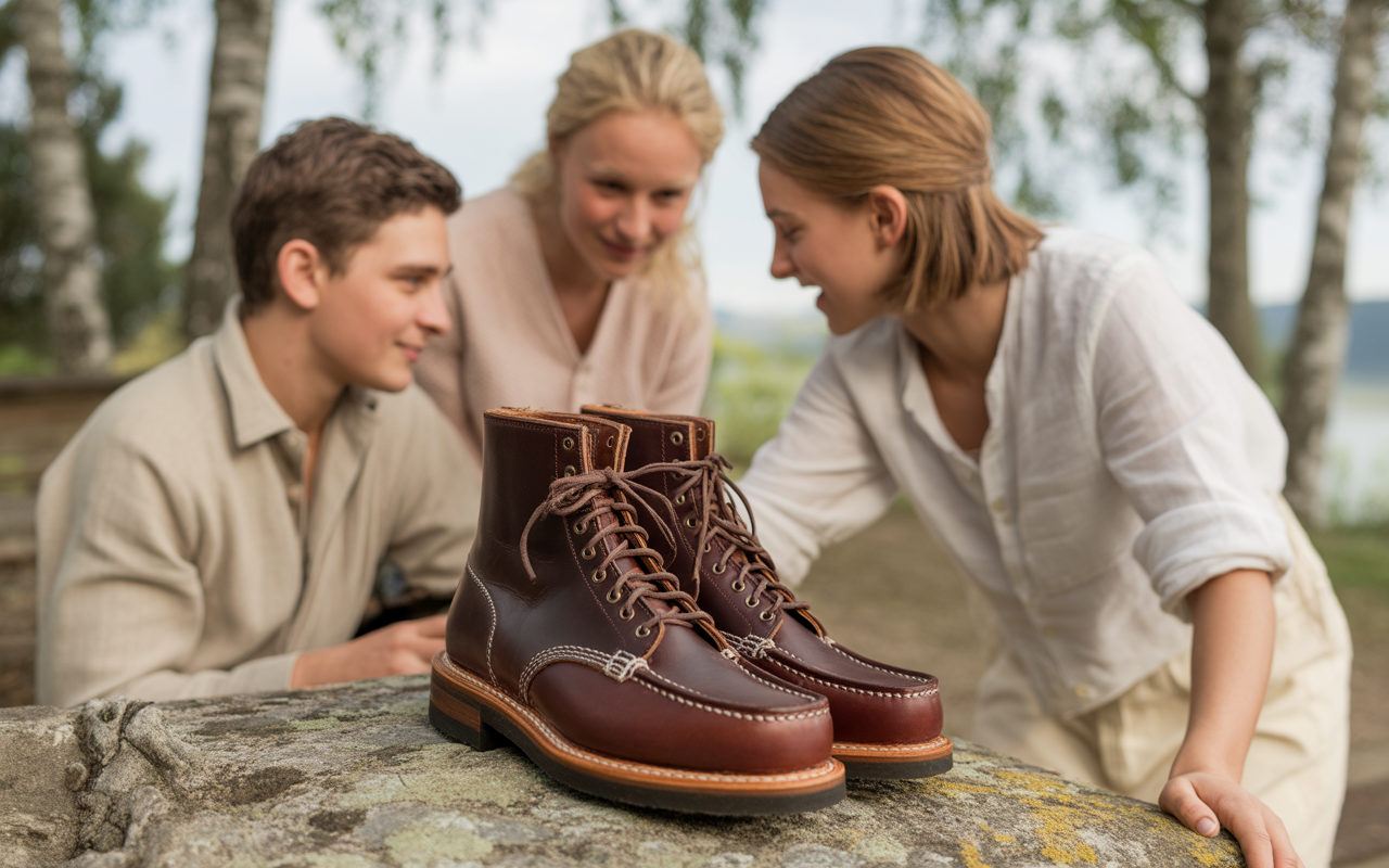 Des chaussures en cuir marron sont mises en valeur sur une pierre, tandis que trois jeunes les admirent en arrière-plan.