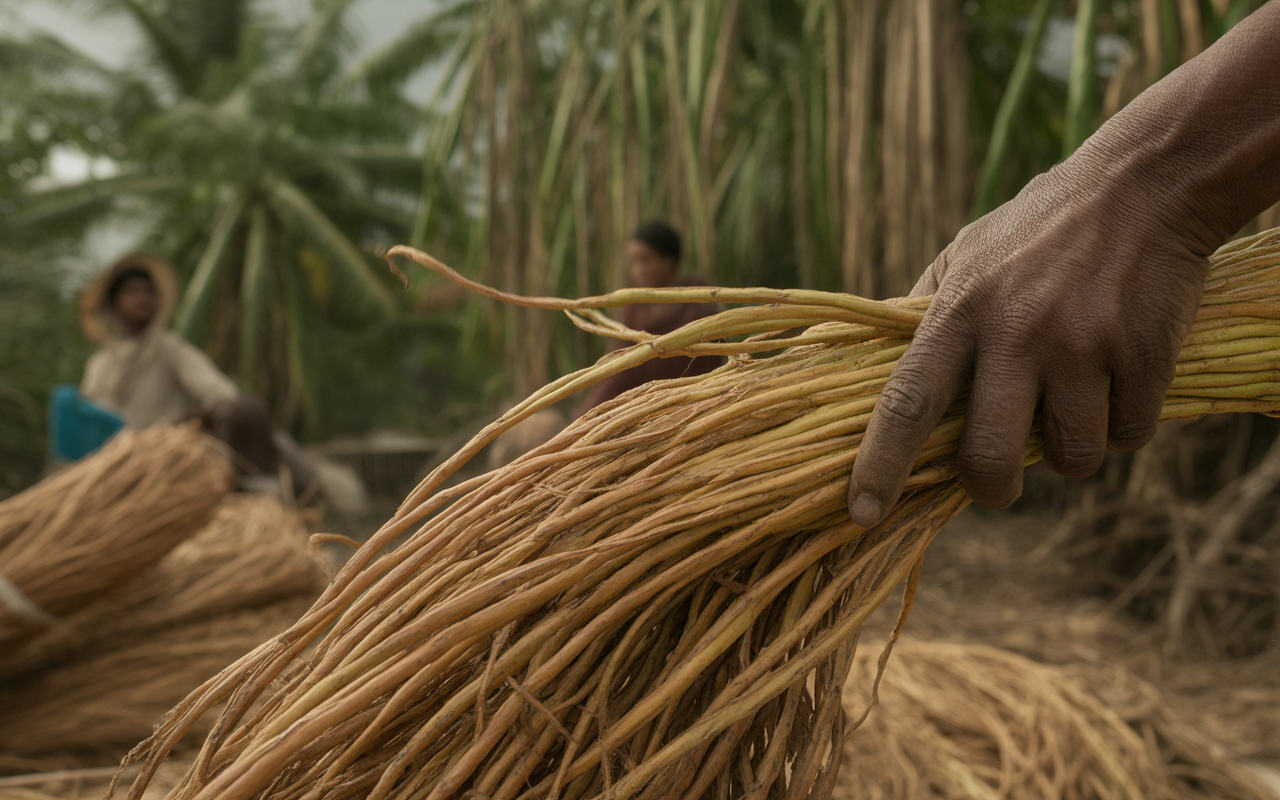 Main tenant des tiges sèches, avec des hommes au fond dans un environnement rural, entouré de verdure.