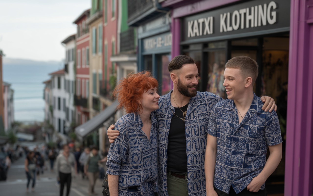 Trois personnes souriantes portent des chemises à motifs, devant une boutique colorée dans une rue animée, avec vue sur la mer.