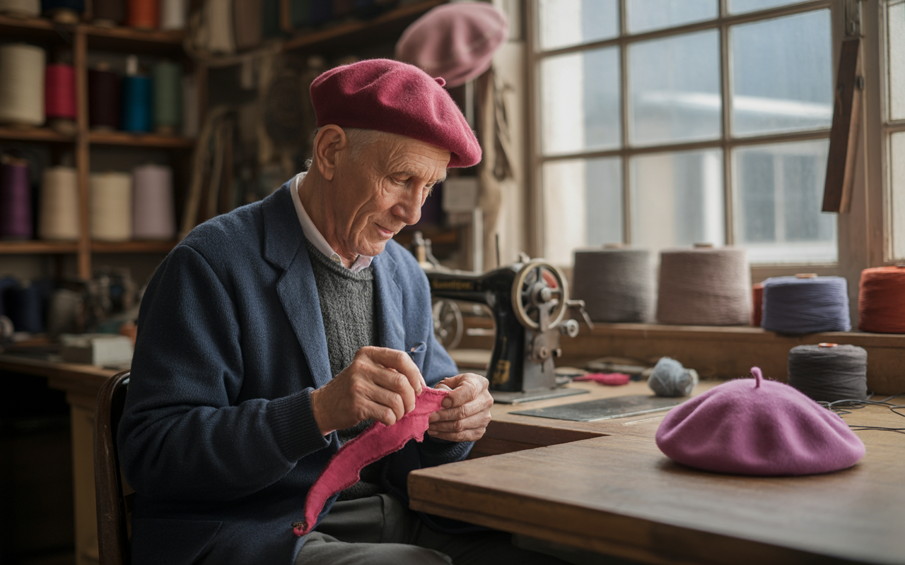 Un vieil homme coud un béret rose dans un atelier, entouré de rouleaux de fil colorés et d'une machine à coudre.