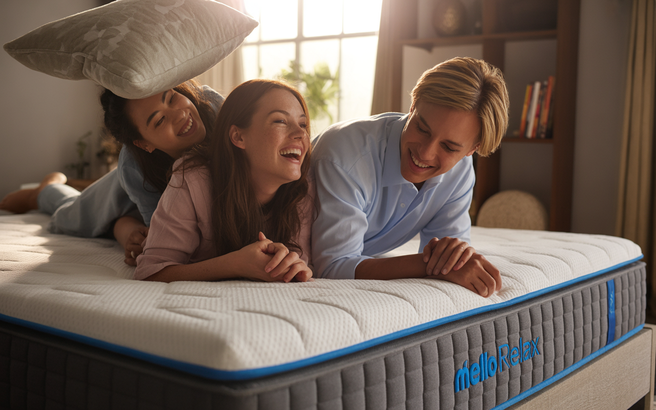 Trois personnes souriantes se détendent sur un matelas "melloRelax" dans une chambre lumineuse, avec un coussin suspendu au-dessus.