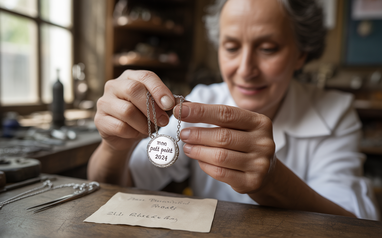 Une artisane tient un collier gravé "mon petit pêtt 2024" devant une table de travail en bois, avec une note à proximité.