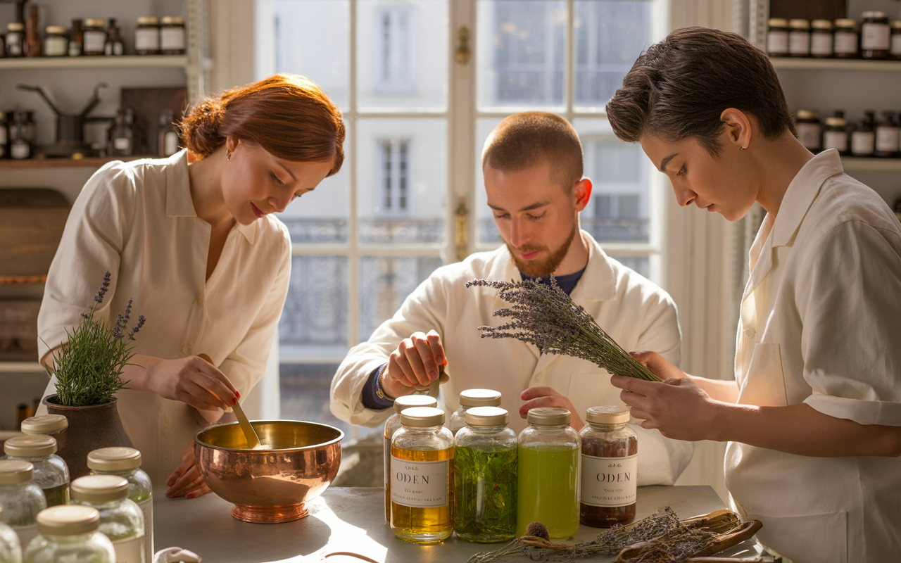 Trois personnes en blouse blanche préparent des mélanges à base de plantes dans un laboratoire lumineux, entourées de jars.