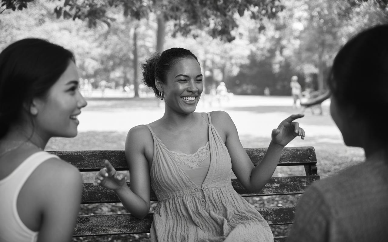 Trois femmes assises sur un banc, riant et discutant joyeusement dans un parc ensoleillé, entourées d'arbres.