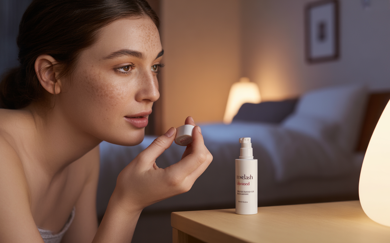 Femme tenant un flacon de produit de beauté devant une lampe douce, dans une chambre paisible. Éclairage chaleureux et ambiance intime.