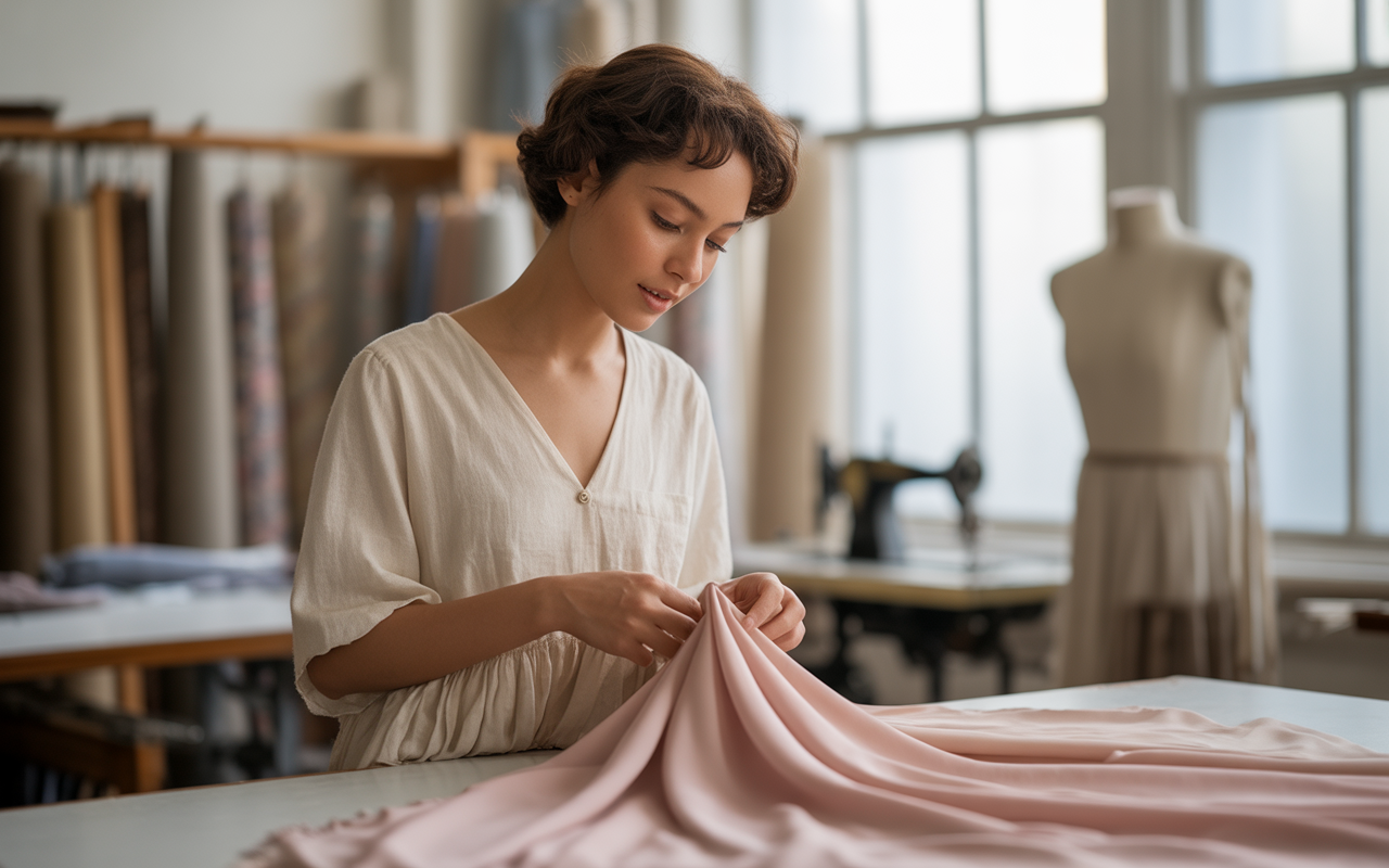 Femme souriante ajustant un tissu rose dans un atelier de couture, avec des rouleaux de tissu en arrière-plan et une machine à coudre.