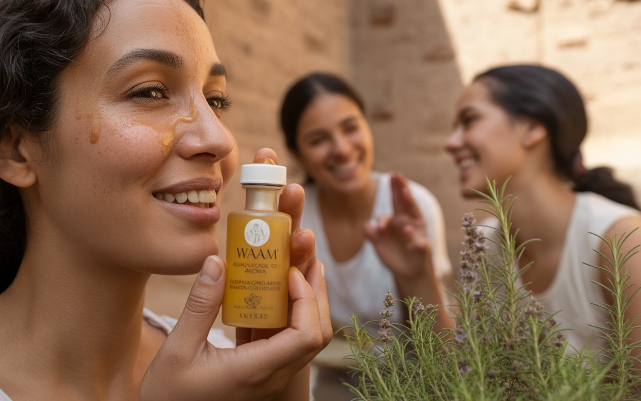 Femme souriante applique de l'huile sur son visage, tenant un flacon de produit cosmétique, avec des amies en arrière-plan.