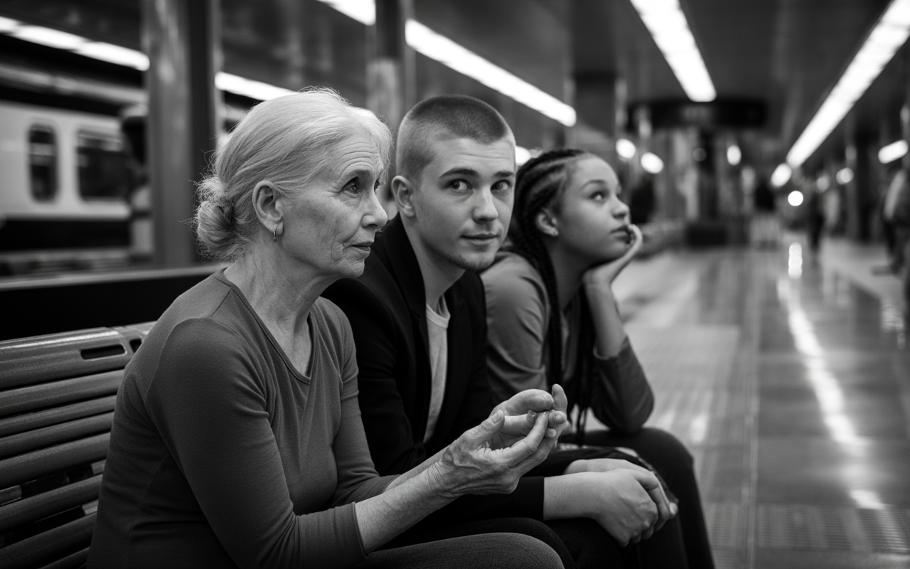 Trois personnes assises dans une station de métro, une femme âgée, un jeune homme et une jeune femme, réfléchissant. Noir et blanc.