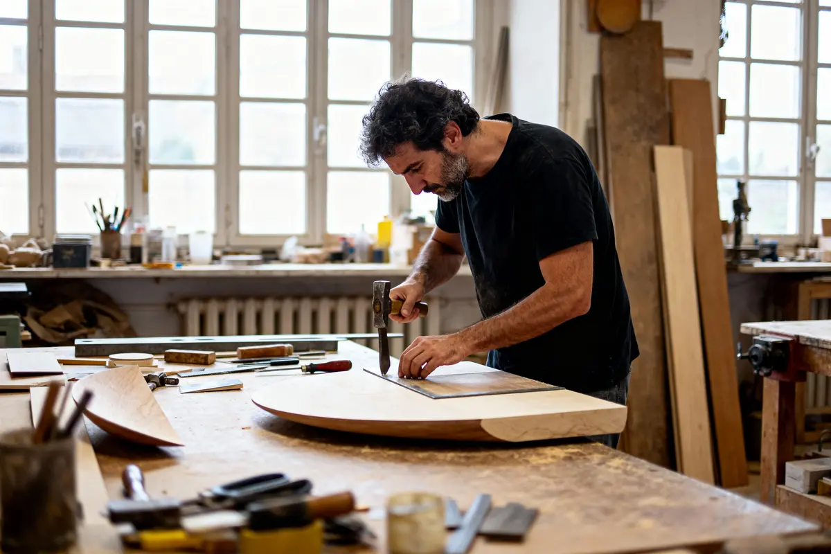 Artisan menuisier travaillant dans un atelier sur une pièce en bois, entouré d'outils, lumière naturelle abondante.