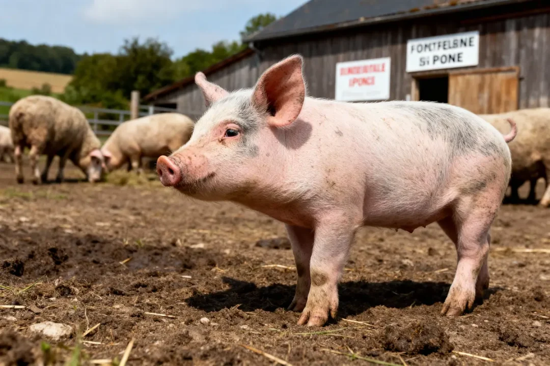 Porcelet rose et blanc debout sur la terre, avec moutons et bâtiment en arrière-plan.