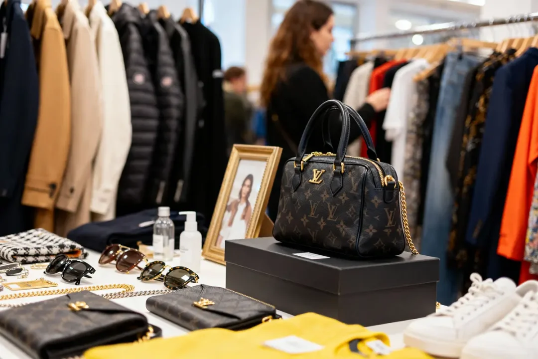 Sac à main de luxe, accessoires divers et vêtements sur présentoir dans un magasin de mode.