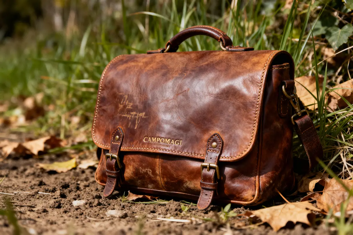 Sac en cuir marron Campomaggi posé sur sol de terre, entouré de feuilles et herbe verte.