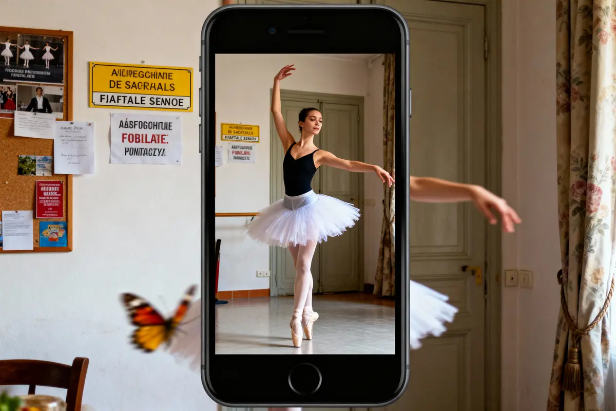 Un téléphone montre une ballerine en tutu blanc; papillon flou en premier plan. Affichettes murales visibles.