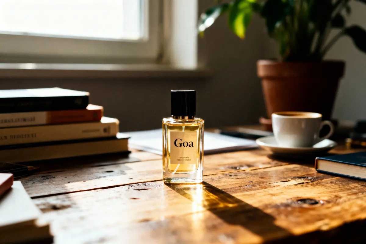 Bouteille de parfum Goa sur table en bois, entourée de livres, tasse de café, plante en arrière-plan.