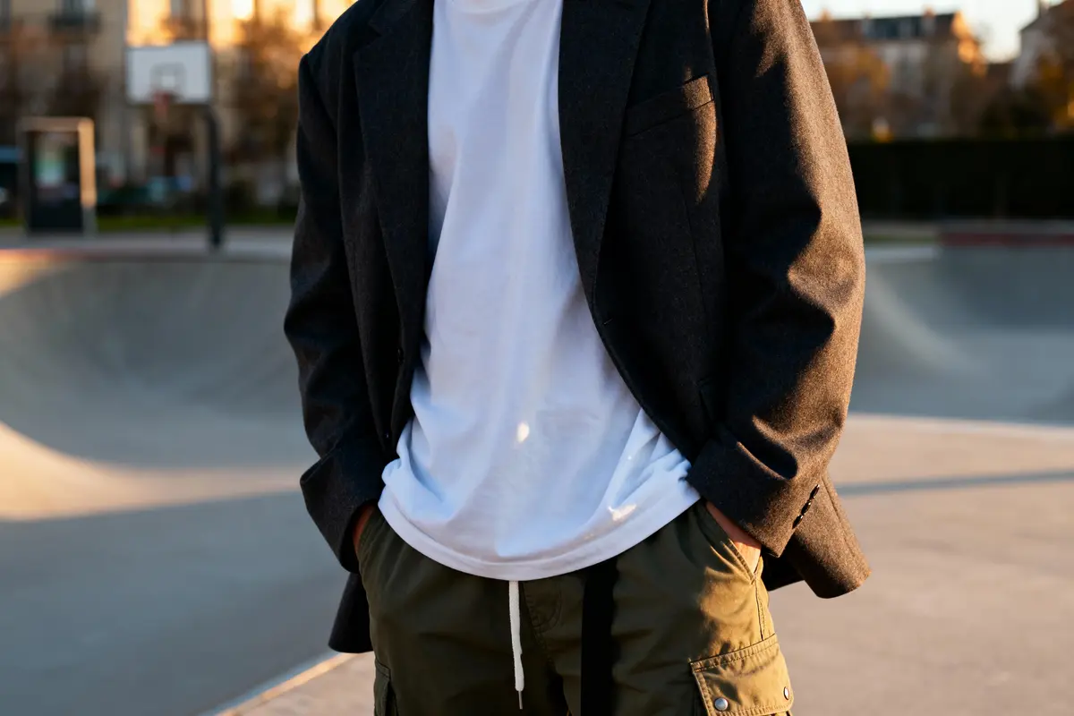 Personne en blazer sombre, t-shirt blanc et pantalon cargo vert dans un skatepark au crépuscule.