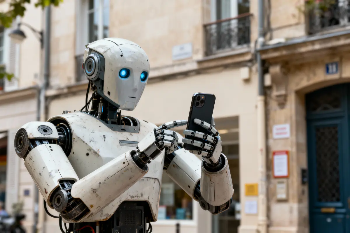 Robot humanoïde blanc utilisant un smartphone, debout dans une rue urbaine.