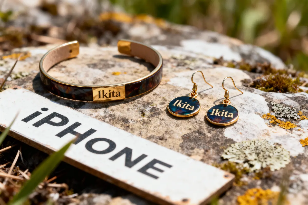 Bracelet et boucles d'oreilles Ikita sur pierre, plaque marquée "iPhone" en gros plan.