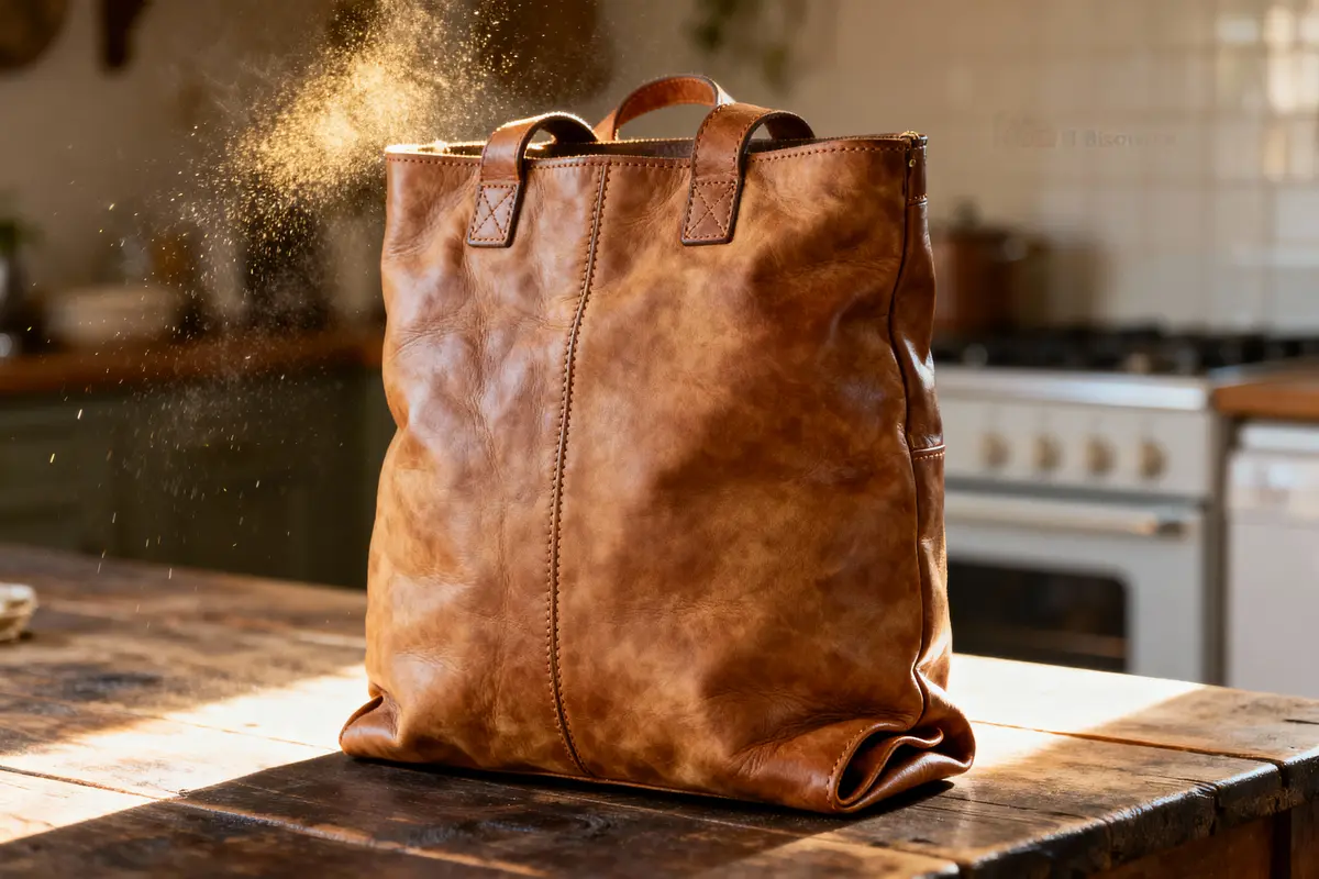 Sac en cuir marron sur une table en bois, éclairé par la lumière, intérieur de cuisine floue en arrière-plan.