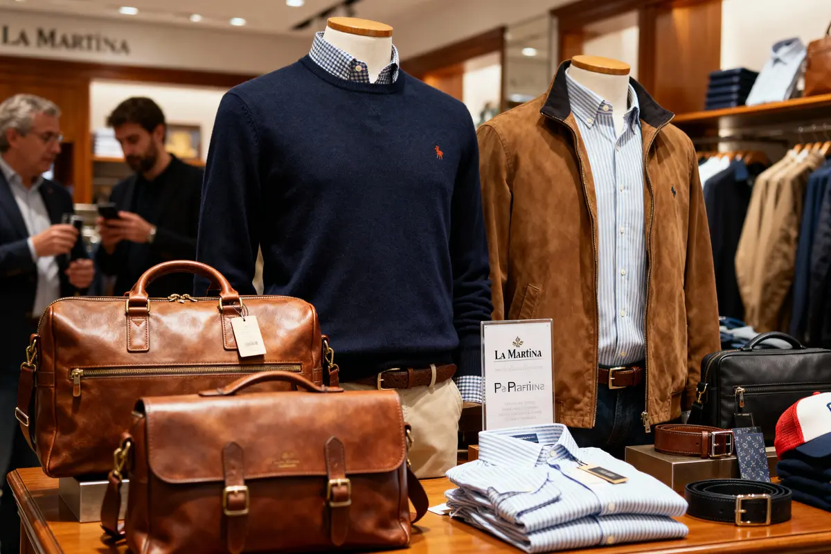 Mannequins habillés élégamment avec accessoires en cuir dans une boutique de vêtements La Martina. Hommes discutant en arrière-plan.