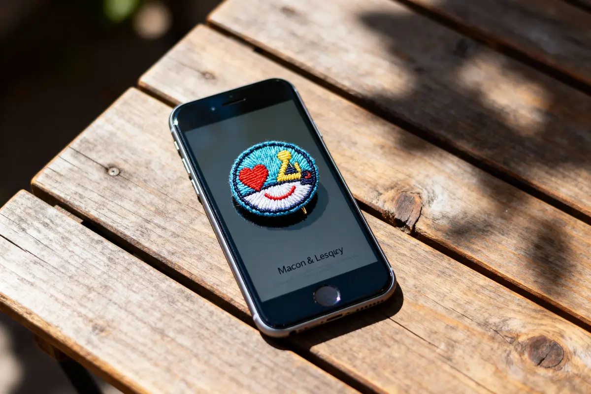Smartphone sur table en bois avec badge brodé coloré représentant cœur, ancre et sourire, texte "Macon & Lesquoy".