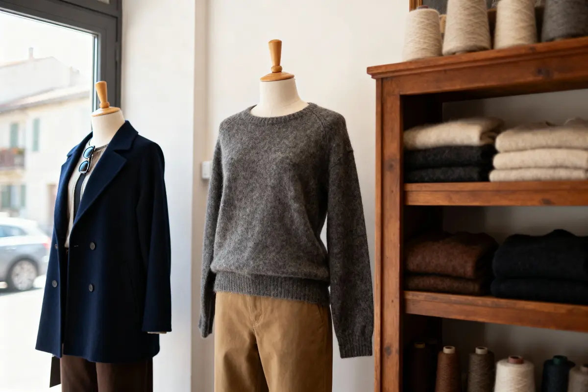 Deux mannequins avec vêtements d'hiver, étagère de pulls en arrière-plan, bobines de fil sur le dessus.