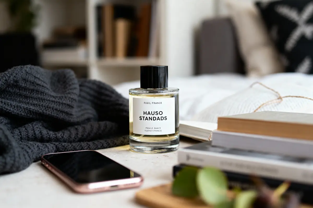 Flacon de parfum sur table avec pull, smartphone, livres et arrière-plan flou d'une chambre.