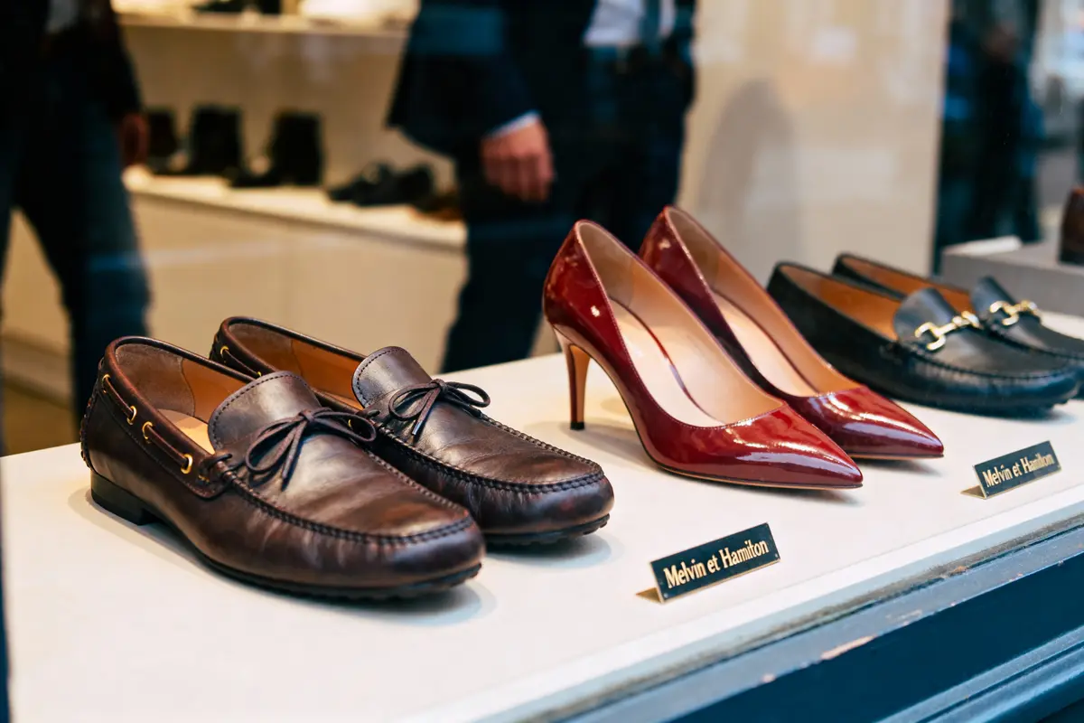 Chaussures en vitrine : mocassins bruns, escarpins rouges, mocassins noirs, étiquettes "Melvin et Hamilton".