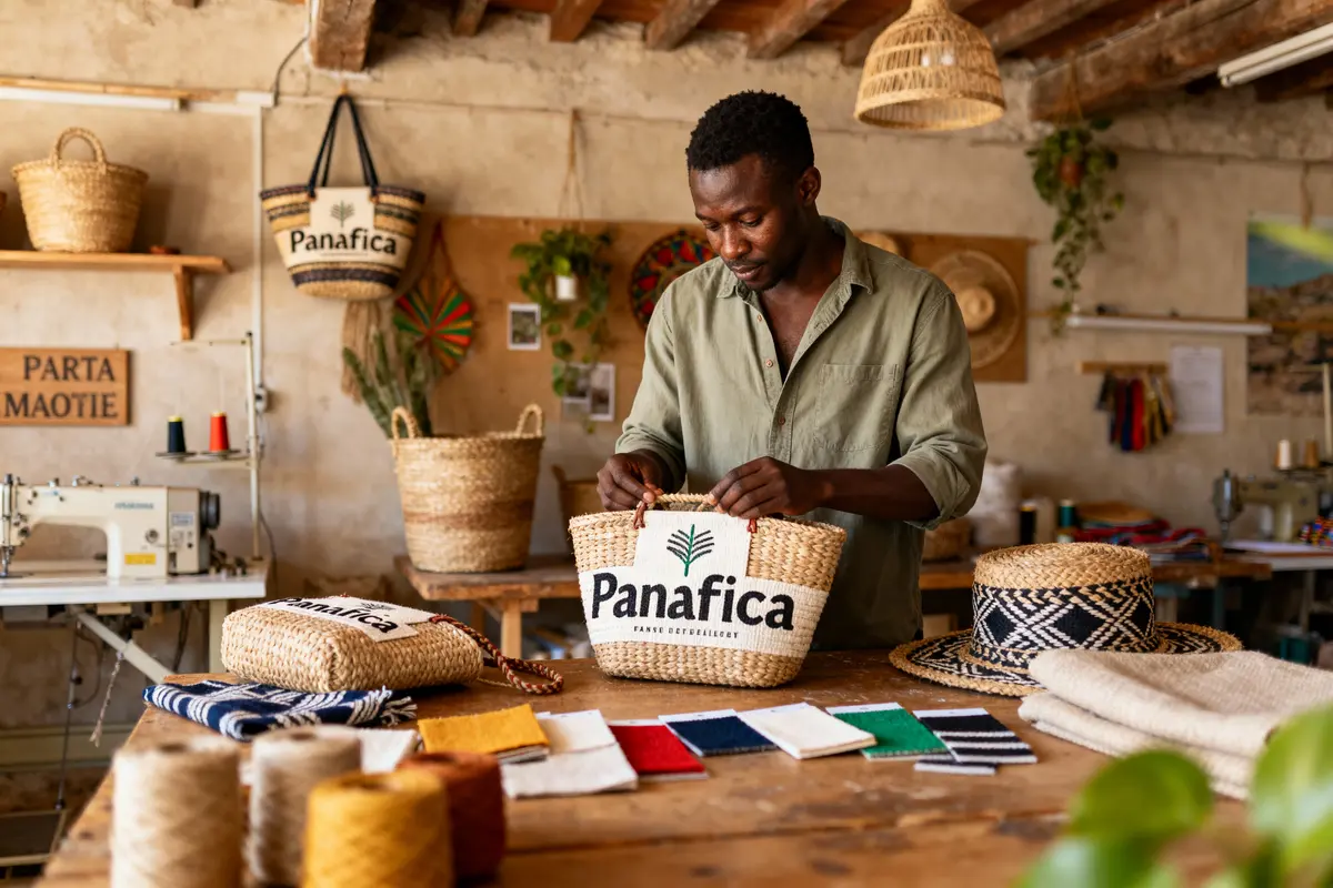 Homme travaillant dans un atelier artisanal avec paniers tressés, tissus colorés et machine à coudre.
