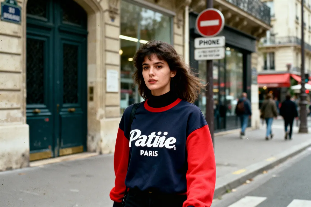 Femme portant un sweat "Patine Paris" rouge et bleu, marchant dans une rue parisienne bordée de bâtiments historiques.