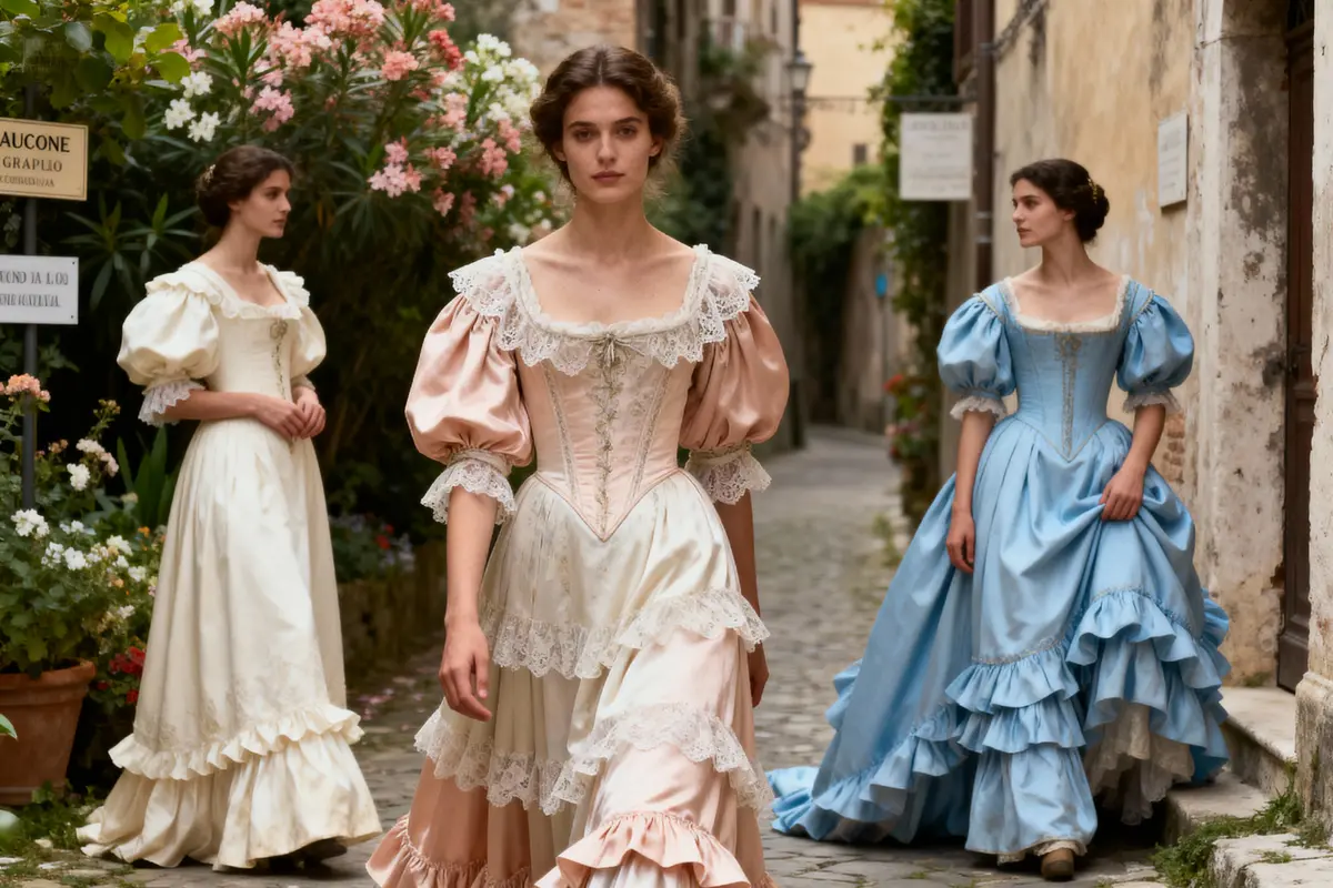 Trois femmes en robes vintage ornées de dentelle, défilant dans une rue pavée, fleurs en arrière-plan.