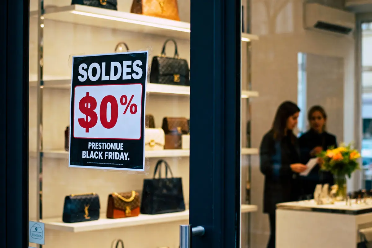 Affiche de soldes Black Friday à 0% dans une boutique de sacs de luxe. Deux personnes discutent.