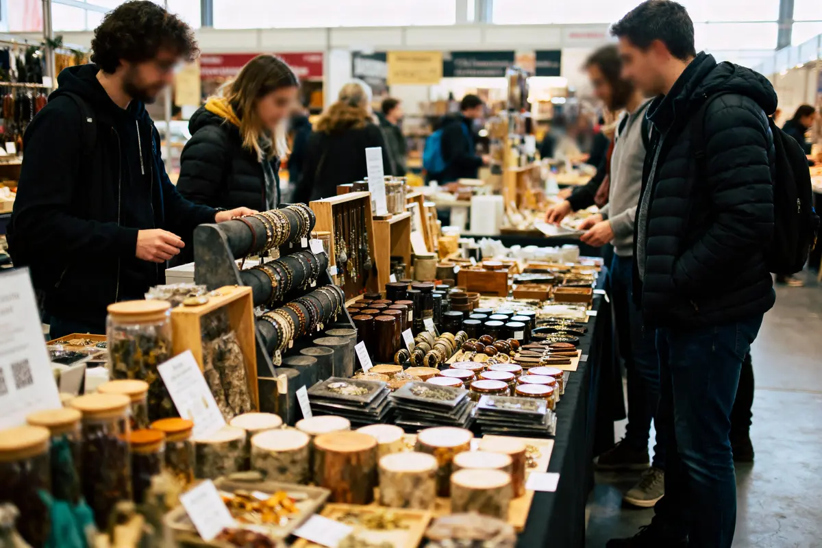 Personnes examinant des bijoux et artisanat en bois sur un stand de marché intérieur animé.