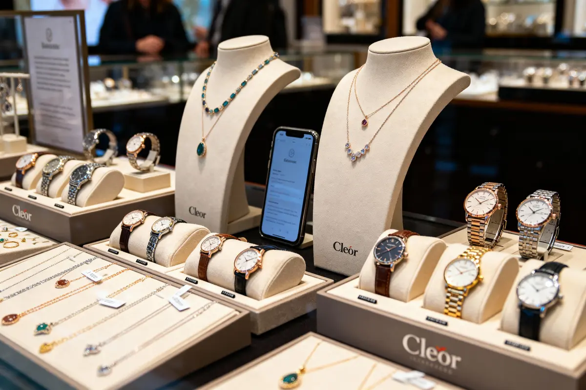 Présentoir de bijoux Cleor avec colliers, montres et smartphone en bijouterie élégante.