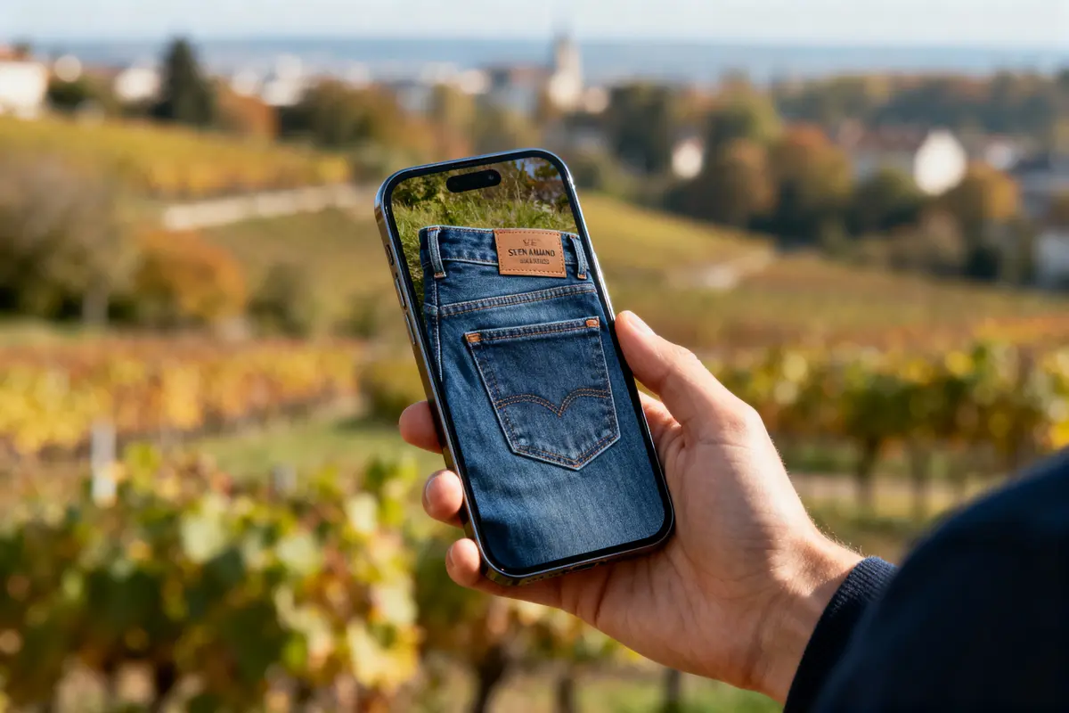 Main tenant un smartphone affichant un jean, paysage flou en arrière-plan avec vigne et bâtiments.