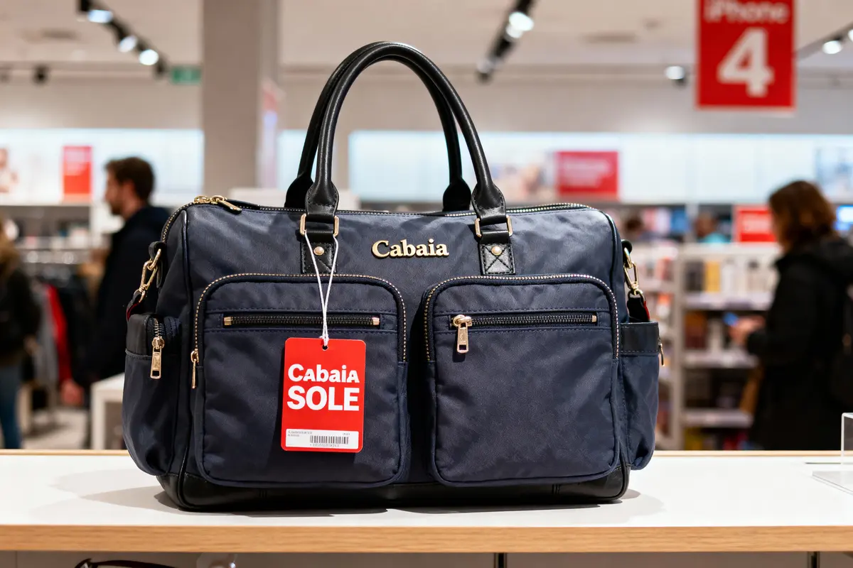 Sac de voyage Cabaia bleu avec étiquette rouge en solde, exposé dans un magasin, clients flous en arrière-plan.