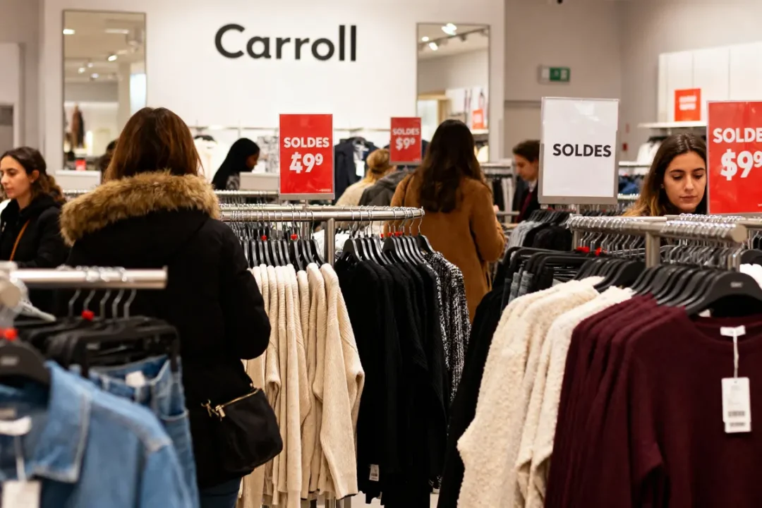 Boutique Carroll avec vêtements en soldes, clients parcourant les rayons, étiquettes de prix visibles, ambiance shopping animée.