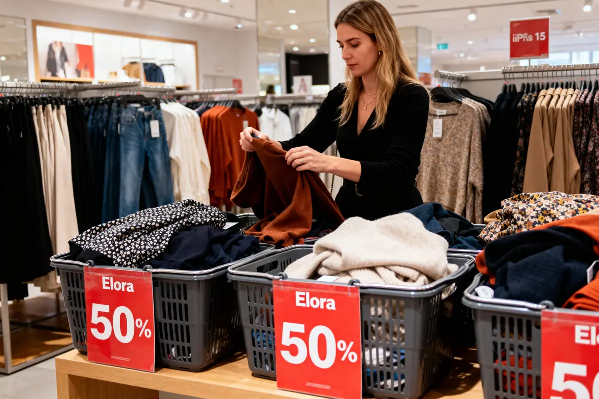 Femme range des vêtements en soldes dans un magasin, remise de 50% affichée sur les bacs.