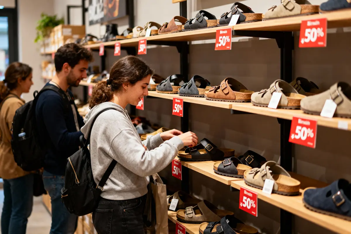 Personnes choisissant des sandales en promotion à -50% dans un magasin de chaussures.